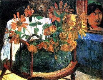 保羅 高更 Still Life with Sunflowers on an armchair